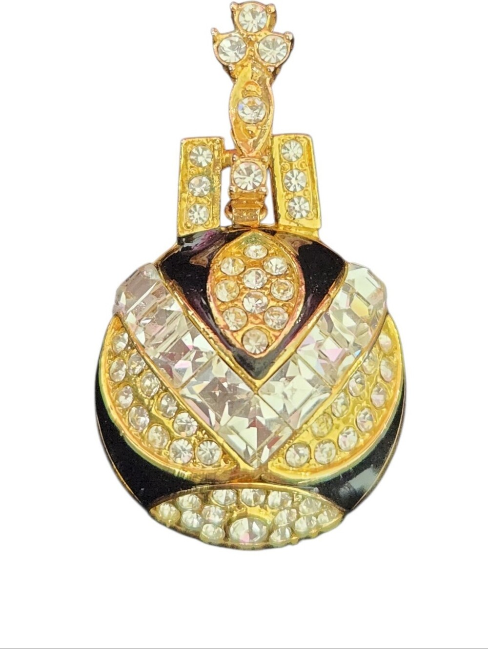 Vintage Crystal Orb Pendant Statement Gold Tone Black Enamel Half-Dome ✨️